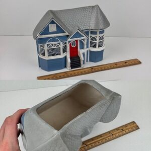 Vtg 1970s Ceramic Blue Hand Painted Victorian Style House Utensil Holder READ